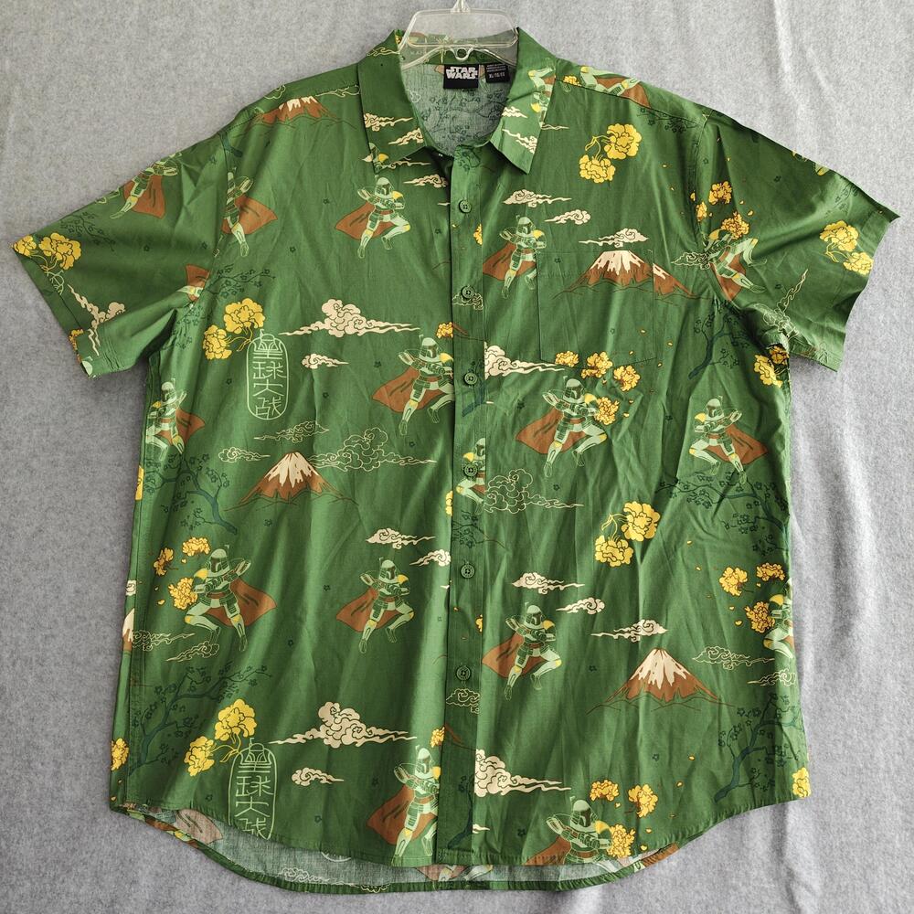 Star Wars Boba Fett Shirt Mens XL Green AOP Volcano Button Up Short Sleeve